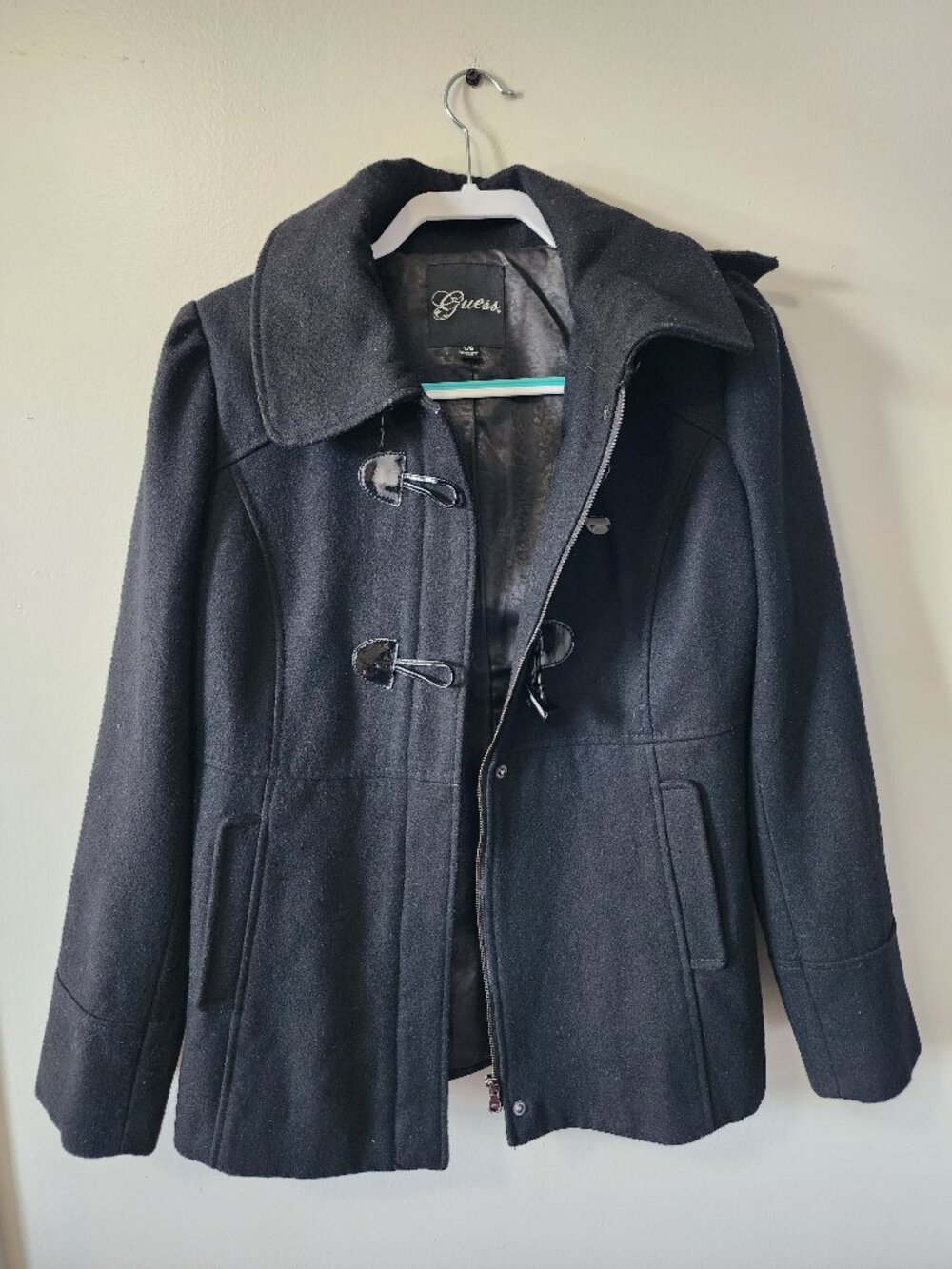 GUESS Hooded Toggle Coat Women’s L/G Black  Wool Blend Zip Front Jacket